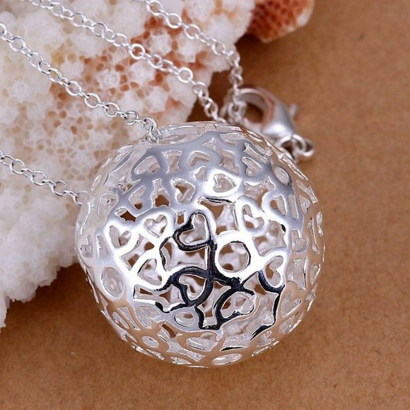 Hollow Heart Ball Sphere Pendant Silver Necklace & 18" Chain - Picture 6 of 9
